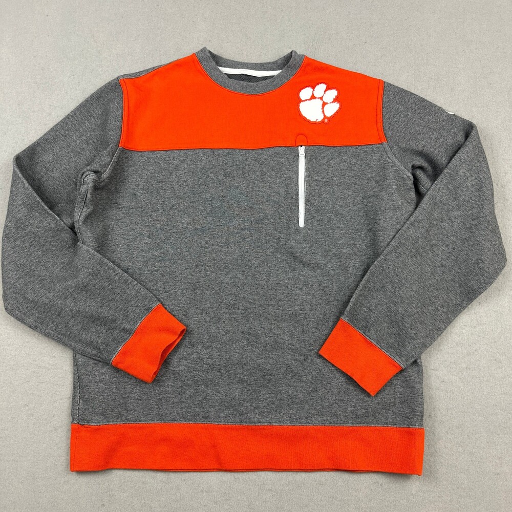 Clemson Tigers Sweater Men Large Gray Orange Nike Football Paw Zip Pocket NCAA L